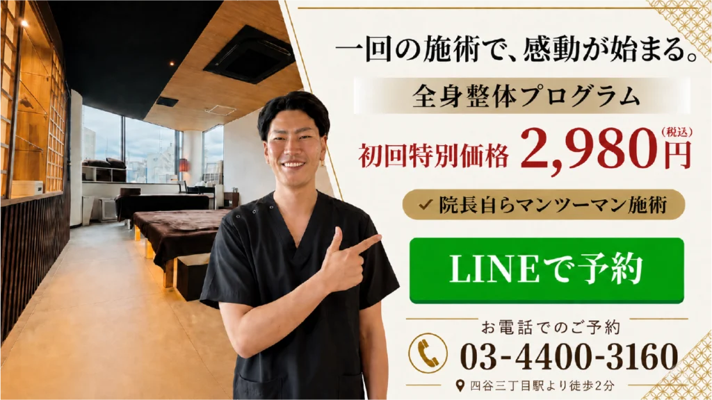 全身整体プログラムの初回特別価格2980円とLINE予約を案内するバナー